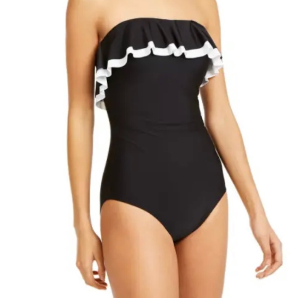 Tommy Hilfiger Solid Ruffle Bandeau One-Piece Swimsuit Black Size 6